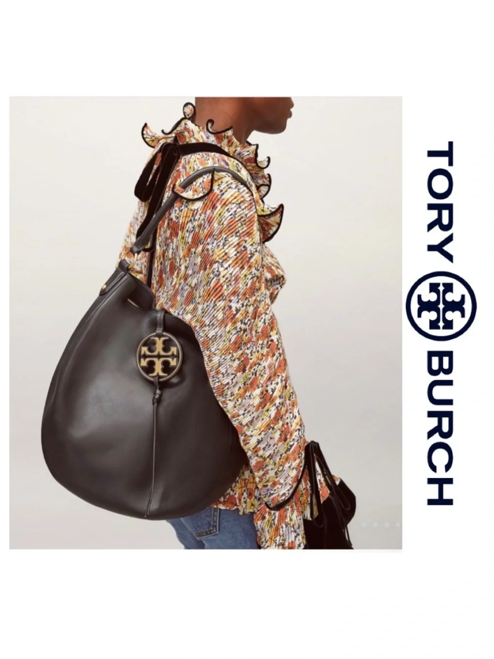 Tory Burch Miller Metal-Logo Slouchy Hobo in Butter-Soft Black Leather MSRP $578